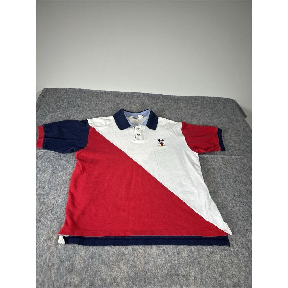Disney Store Mickey Mouse Polo Shirt L Red White Blue‎ Embroidered Short Sleeve